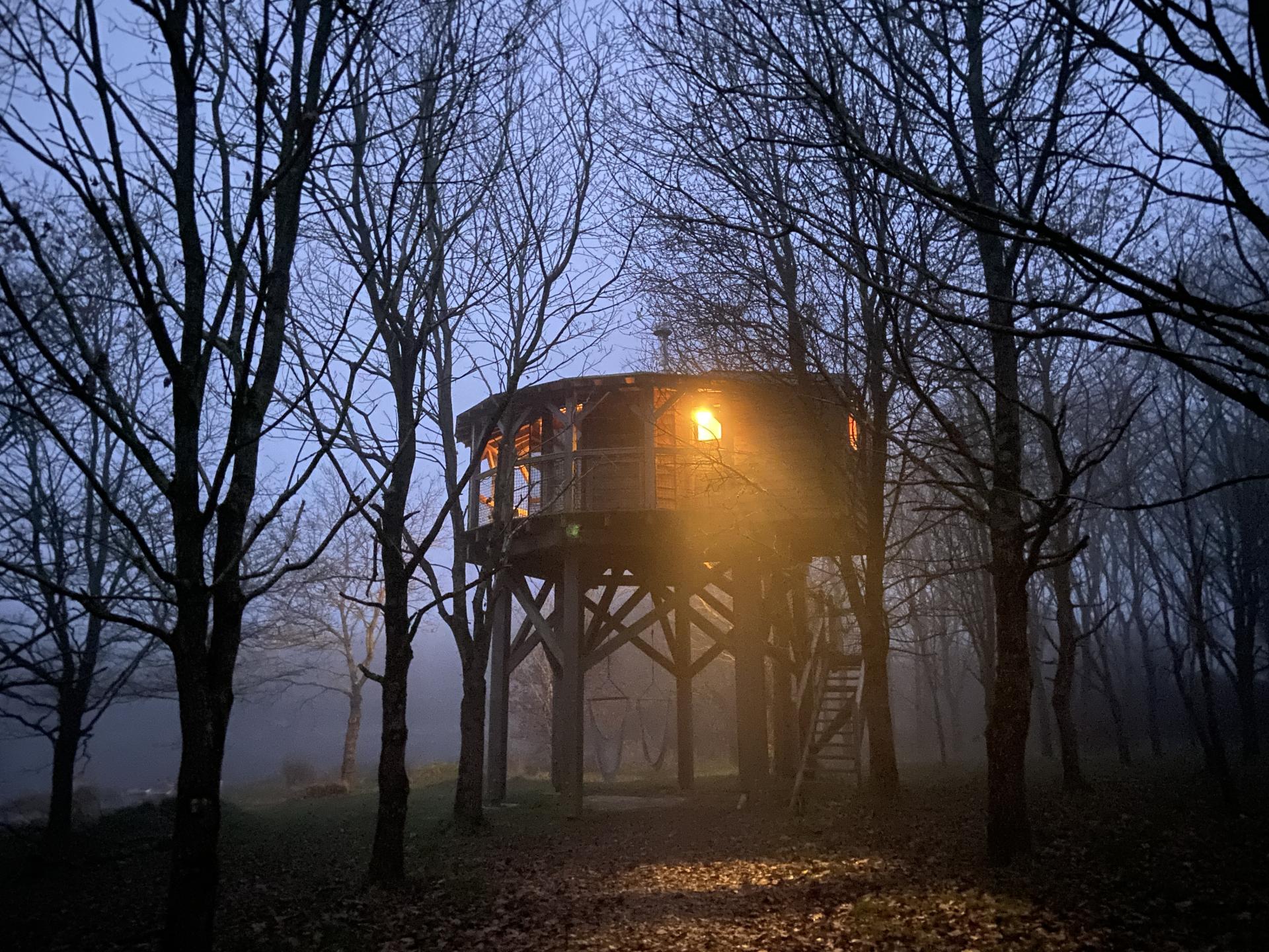 cabane du hibou dans la brume